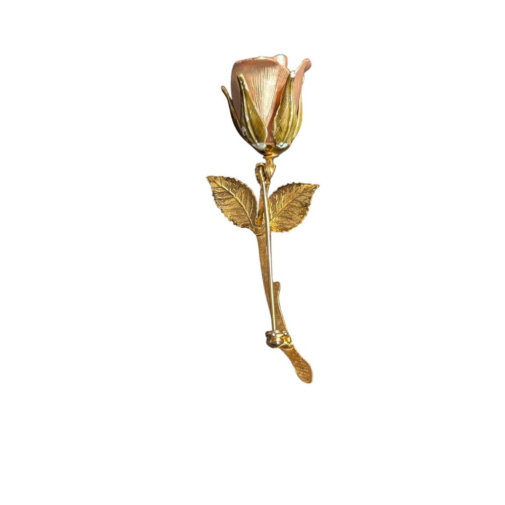 Vintage‎ Pink Enamel Rose Bud Brooch Gold Tone Floral Stem Pin 2.75 Inch